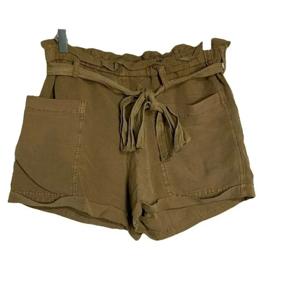 Lucky Brand Paperbag Waist Shorts Medium Olive Green Linen‎ Tie Front Utility